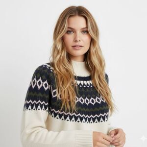 Just Female Taupe and Navy Fair Isle Mock neck Sweater in Small